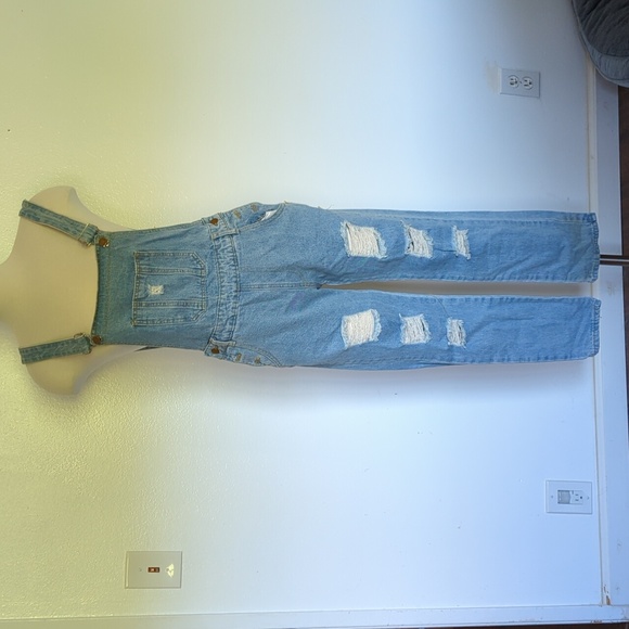 Light wash Distressed Denim Overalls - Picture 1 of 4
